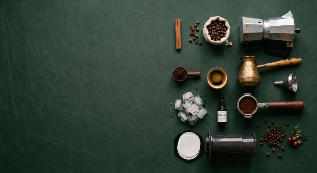 Blick von oben, verschiedene Kaffeeutensilien, darunter ein Siebträger, Cezve, Mokkapot, Zimtstange, Aeropress und Eiswürfel.